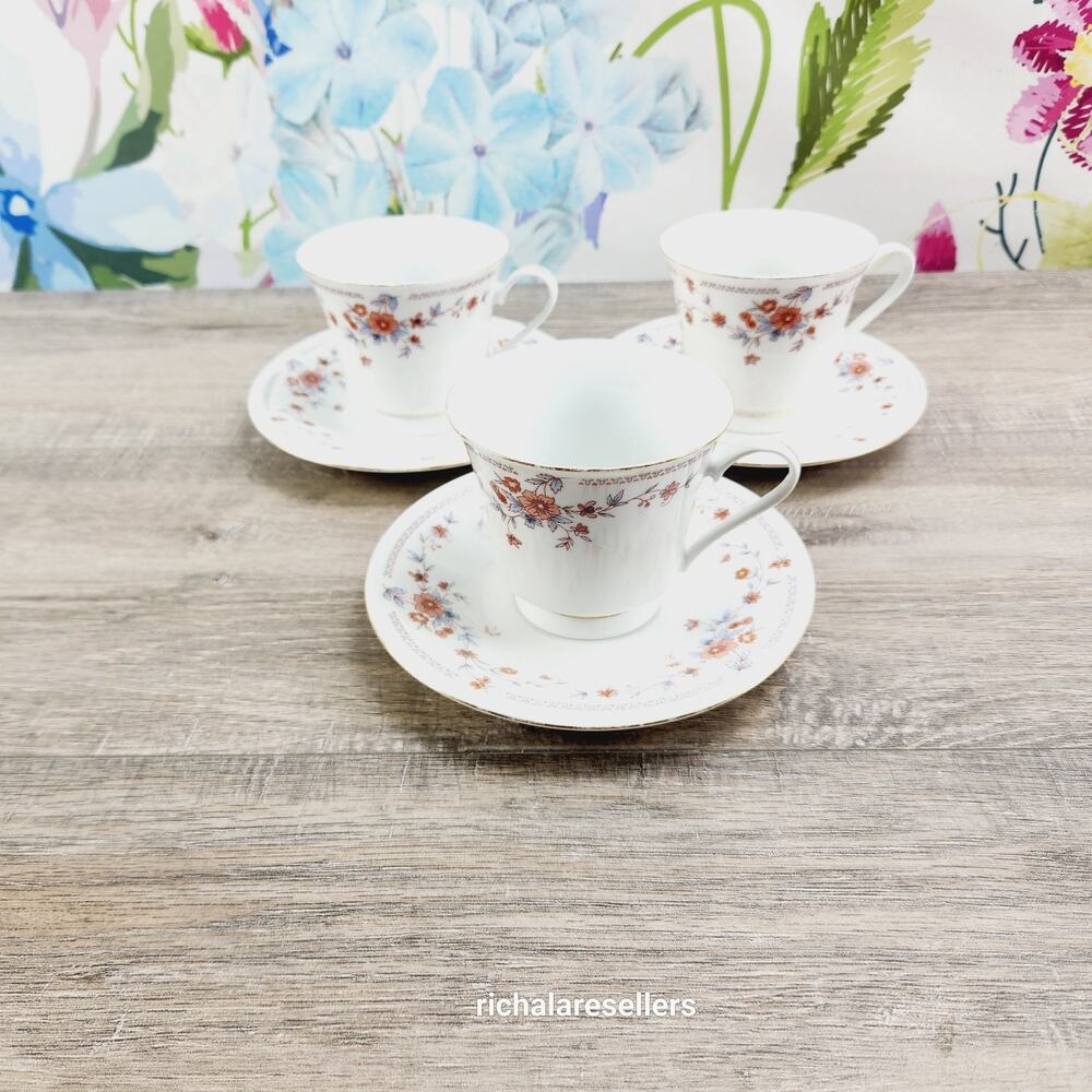 Dynasty Copenhagen Footed Cup Saucers Lot Of 3 Fine China Floral Coffee Tea